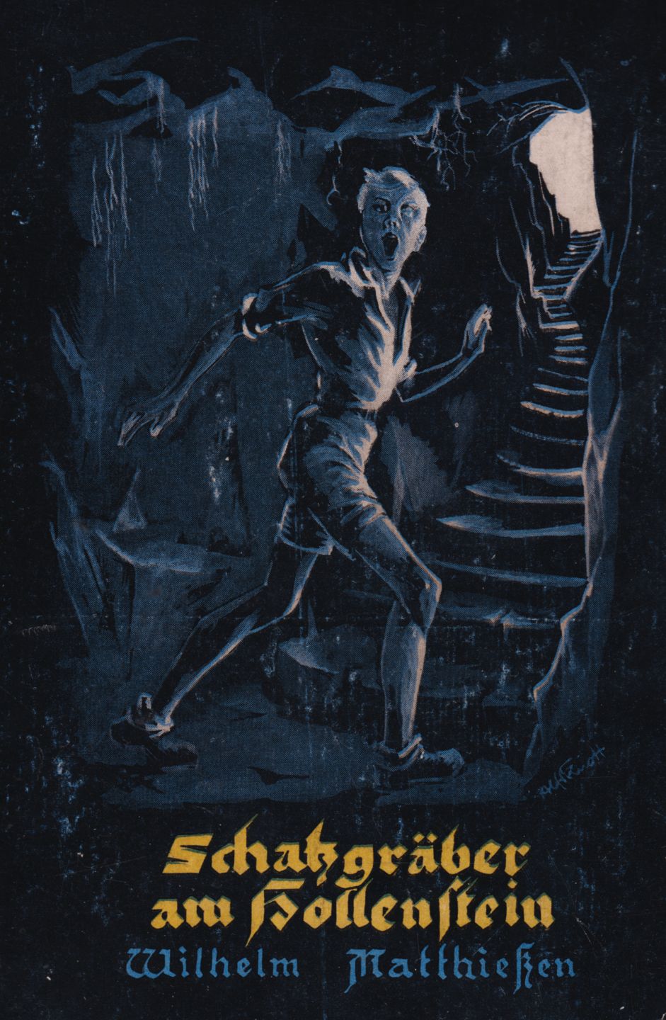 Titelseite des Buchs „Schatzgräber am Hollenstein“ mit dem Bild eines Jungen an der Treppe im Hollenstein